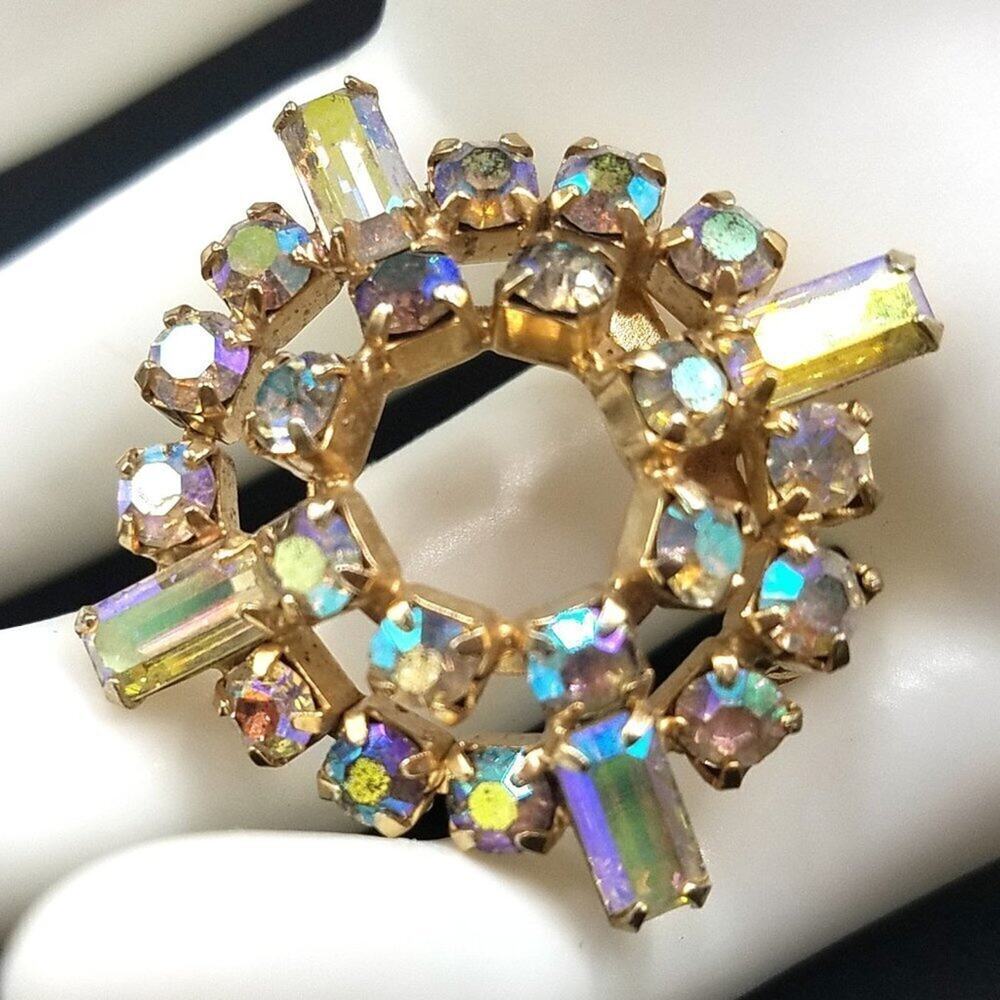 Vintage Aurora Borealis Rhinestone Gold Plated Small Brooch, 1 3/8 Inches